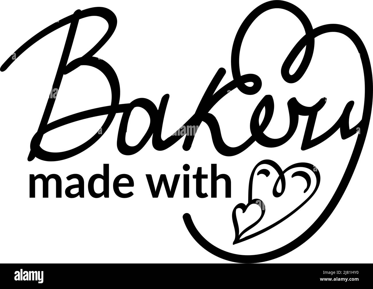 Stilisierte handgeschriebene Schriftzüge, handgezeichnet. Bäckerei mit Liebe gemacht. Küche, Café, Restaurant-Dekor. Zwei Herzen in einem. Vektorgrafik Stock Vektor