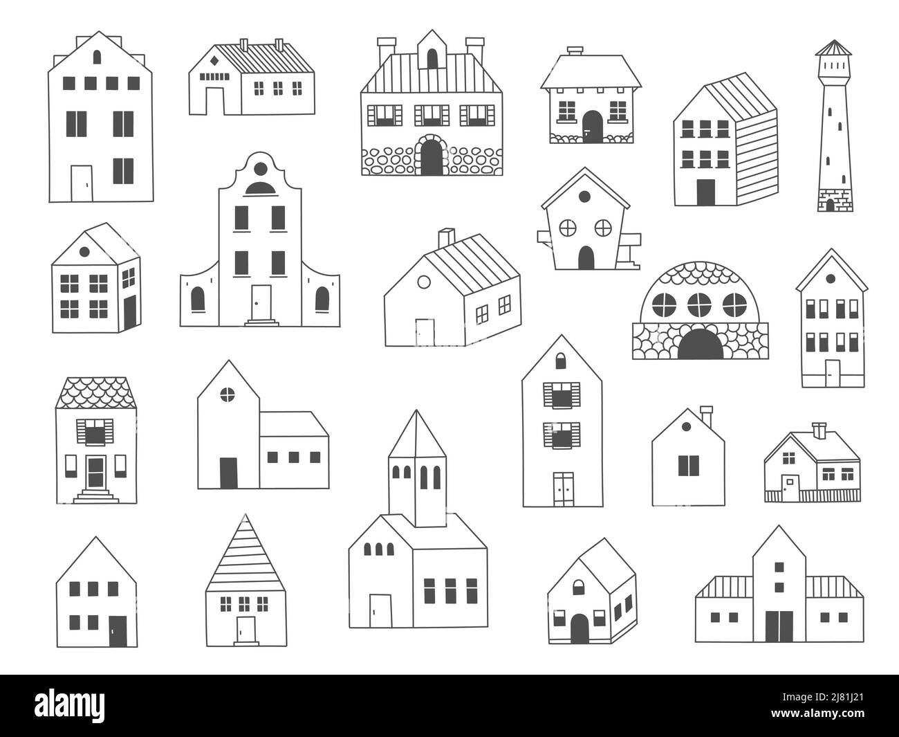 Doodle House. Niedliche Hütte Holzgebäude, lustige handgezeichnete Hütte und Scheune Skizze. Vector Dorf ländlichen Haushalt isoliert gesetzt Stock Vektor