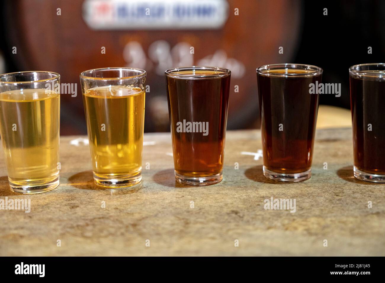 Verkostung verschiedener Süßweine aus Holzfässern auf einer alten Bodega-Weinbar im zentralen Teil von Malaga, Andalusien, Spanien Stockfoto