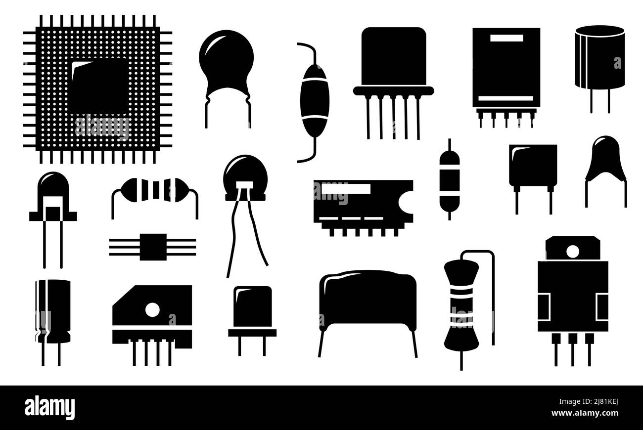 Schwarze Symbole für elektronische Komponenten. Elektrischer Leiter und Halbleiterbauteile, Diodentransistor Widerstand Kondensator Elemente. Vektorset Stock Vektor