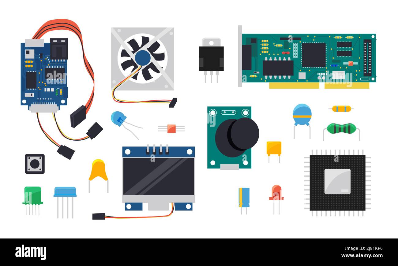 DIY-Controller. Elektrische und mechanische Komponenten für Mikrocontroller und Smart-Home-Leiterplatte, Display-Drähte und Halbleiter-Vektorset Stock Vektor