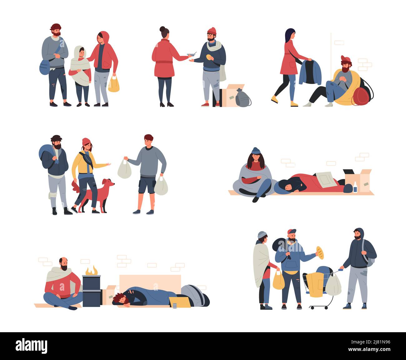 Obdachlose. Cartoon arme Familie, hungrige und schmutzige Kind Mann und Frau betteln und auf der Suche nach Nahrung und Unterkunft. Vektor Personen der Armut gesetzt Stock Vektor