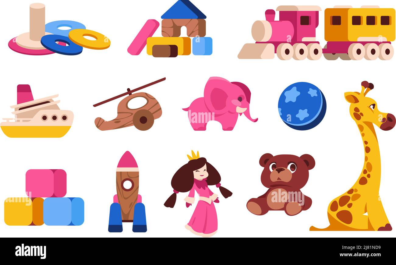Cartoon-Spielzeug für Kinder. Baby und Kleinkind bunt verschiedene Plastikspielzeug, verschiedene Transporttiere und Puzzles. Vector Kleinkind isolierte Spielzeugsammlung Stock Vektor