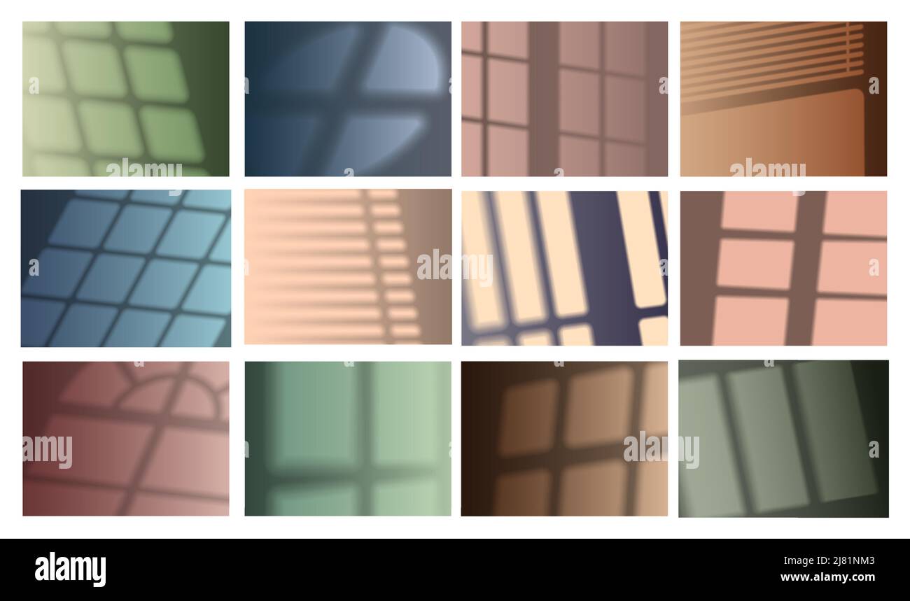 Realistischer Fensterschatten. Rahmen, Scheuklappen und Licht Overlay Effekt Mockup, verschwommener Wände Hintergrund. Vektorset Stock Vektor