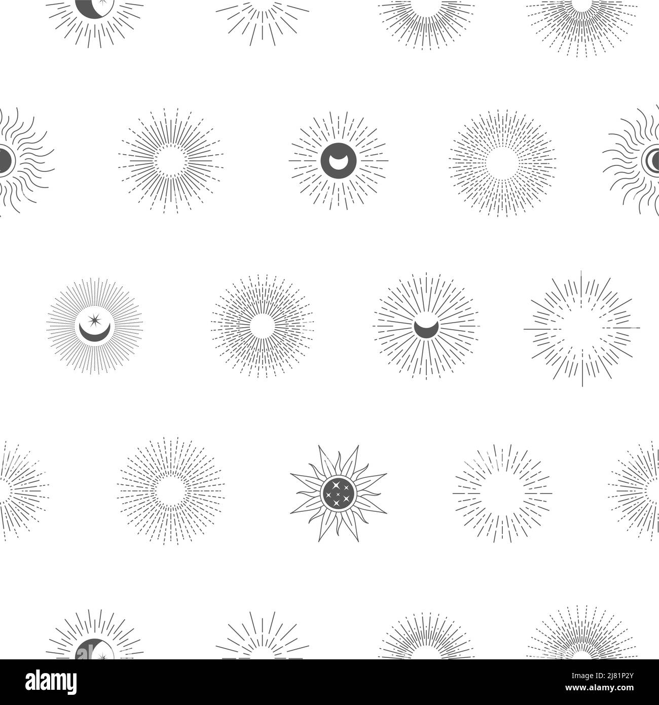 Linie mit Sonnenmuster. Nahtloser Druck mit sonnenböhmischen dekorativen Outline-Elementen. Vektorstruktur Stock Vektor