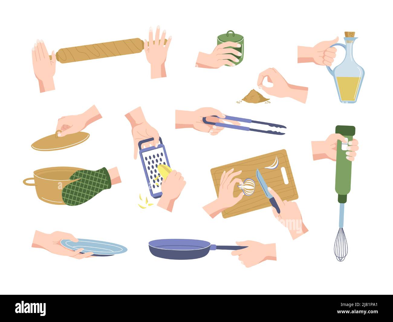 Hände Geschirr-Set. Weibliche Hände, die Utensilien und Küchenzubehör halten, kochen und Küchengegenstände verwenden. Vektor-isolierter Satz Stock Vektor