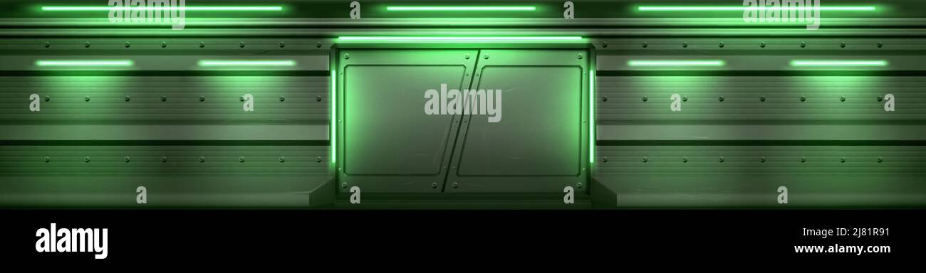 Futuristisches Interieur mit Metalltüren im Raumschiff, geheimen Labor oder Bunker. Vektor realistische Hintergrund des Labors oder Shuttle-Halle mit geschlossenen Stahl Schiebetore und grüne Lampen Stock Vektor