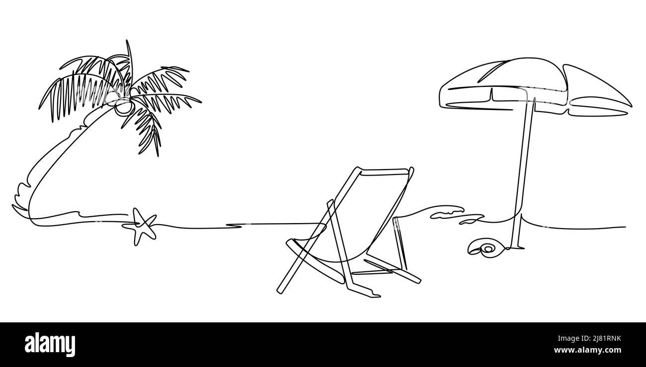 Sommer Meer Strand Szene Ansicht eine Linie Zeichnung Illustration. Fortlaufende Linienkunst handgezeichnete Vektorstile. Stock Vektor