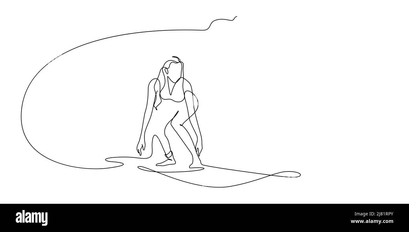 Frau Surfer Reiten auf Surfboard Linie Kunst Illustration. Eine Linie Zeichnung kontinuierliche Einfachheit Vektor isoliert auf weißen Kopienraum Hintergrund Stock Vektor