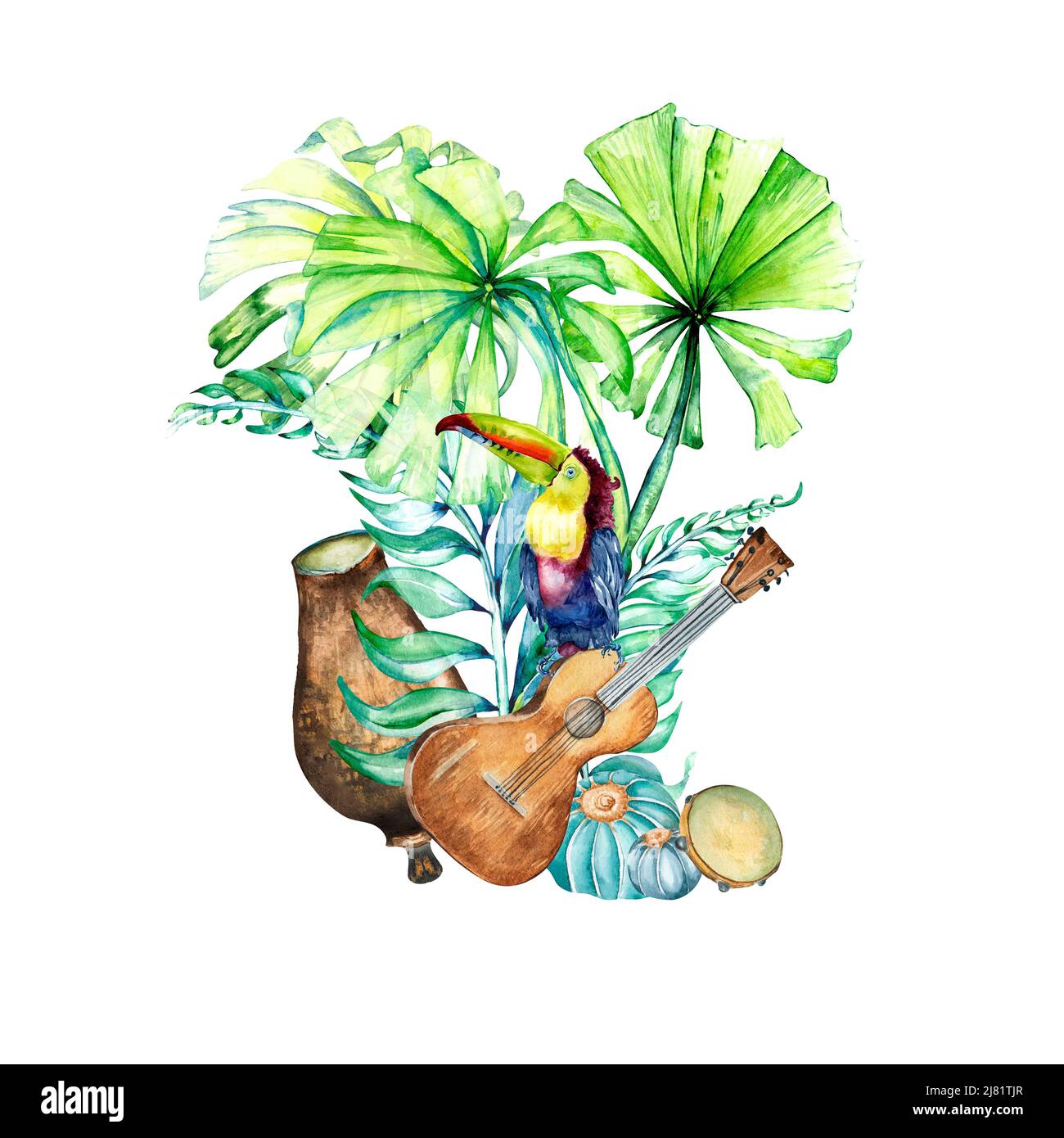 Brasilianisches Musikinstrument, Kaktus und Tukan Aquarell Illustration auf weiß. Tropische Palme, Gitarre, Percussion und exotischer Vogel handbemalt. Stockfoto