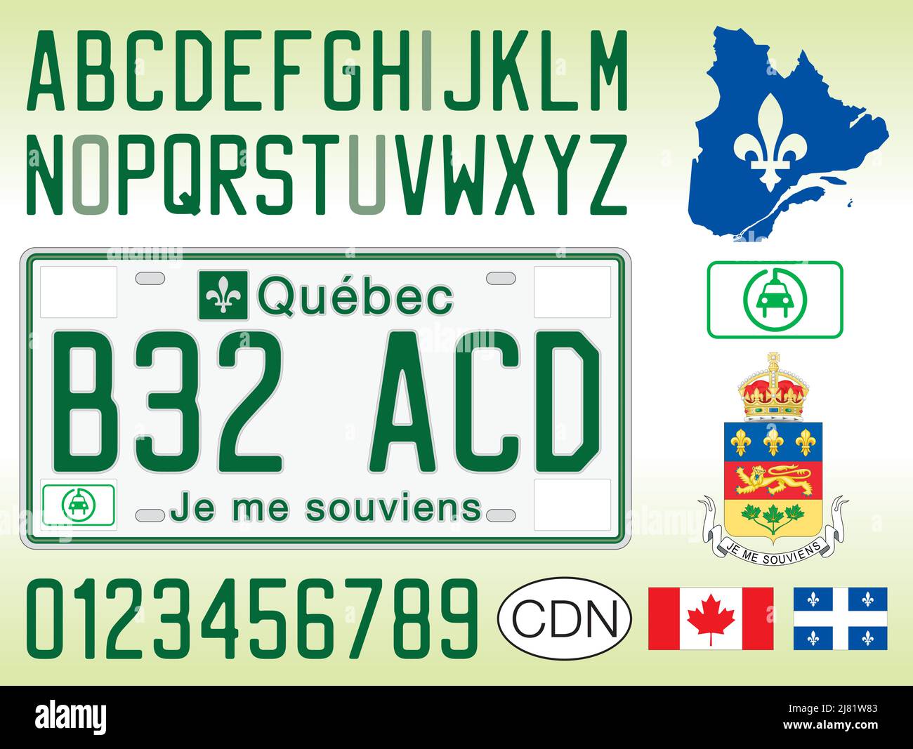Quebec grünes Elektroauto-Nummernschild, Kanada, Buchstaben, Zahlen und Symbole, Vektorgrafik Stock Vektor