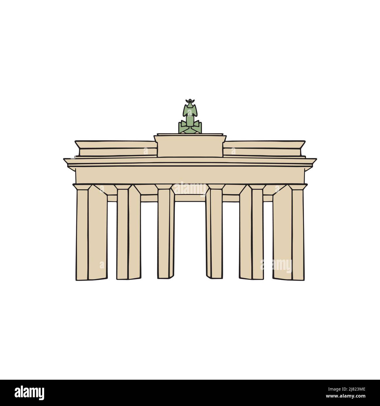 Schild „Travel Germany“. Berlins berühmtes Brandenburger Tor. Vektorskizze, isoliert auf weißem Hintergrund. Stock Vektor