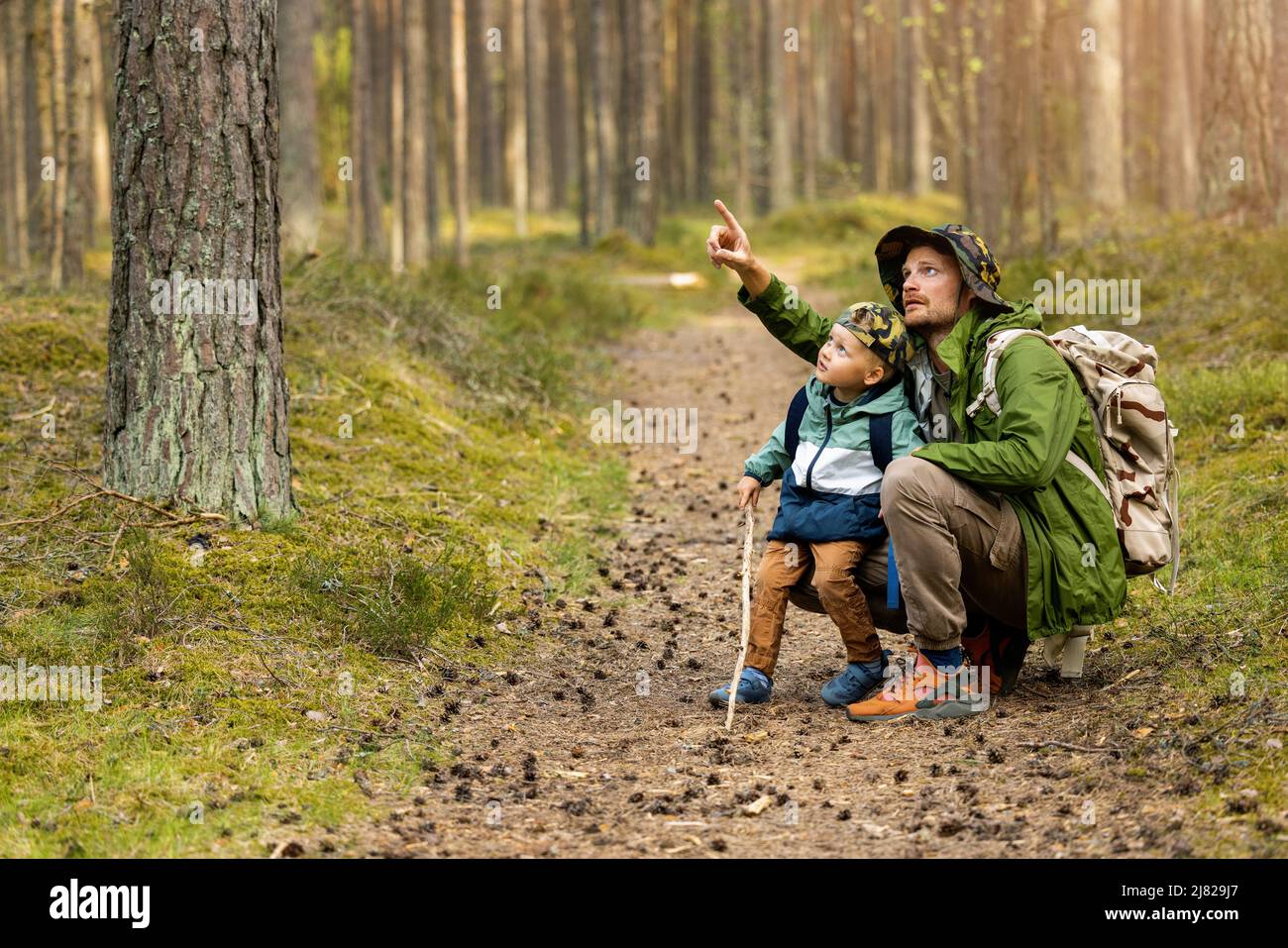 Vater und Sohn Abenteuer Wanderung. Gemeinsam Wald erkunden. Bonding Aktivitäten Stockfoto
