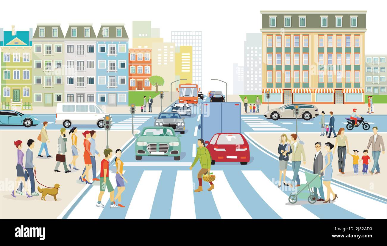 Silhouette der Stadt mit Fußgängern auf dem Fußgängerübergang und Verkehr, Illustration Stock Vektor