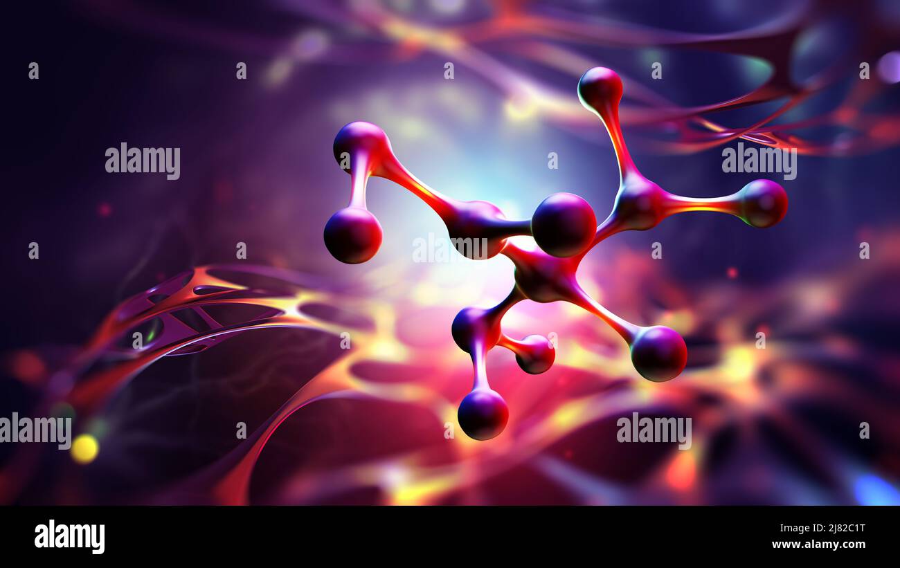 Abbildung des Moleküls 3D. Medizinische Entwicklungen. Kristallgitter unter dem Mikroskop. Zelltherapie. Laborexperimente und Forschung Stockfoto