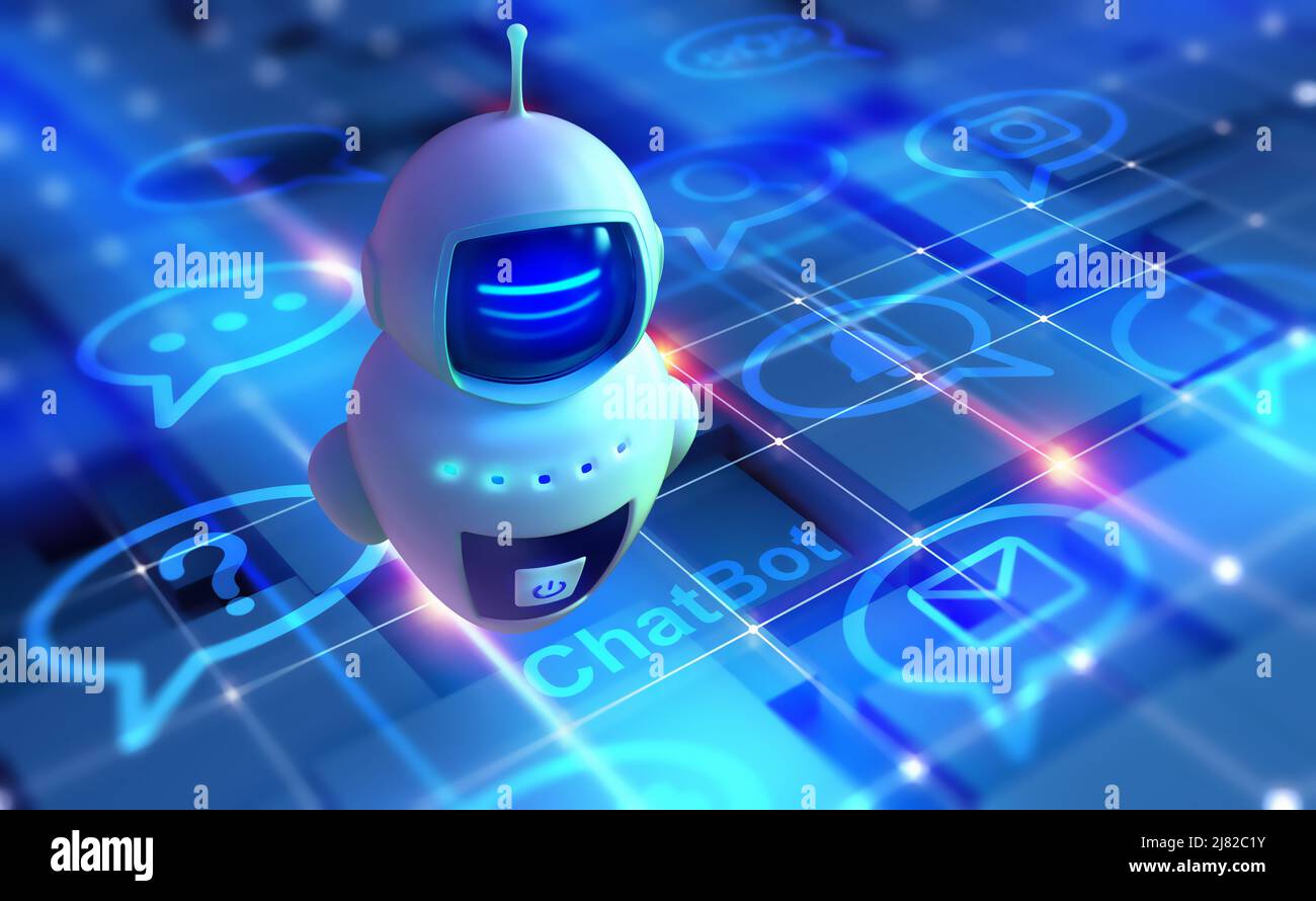 Chat-Bot. Künstliche Intelligenz im globalen Netzwerk. Kommunikation in sozialen Netzwerken. 3D Illustration eines Roboters, bot, android, Cyborg Stockfoto
