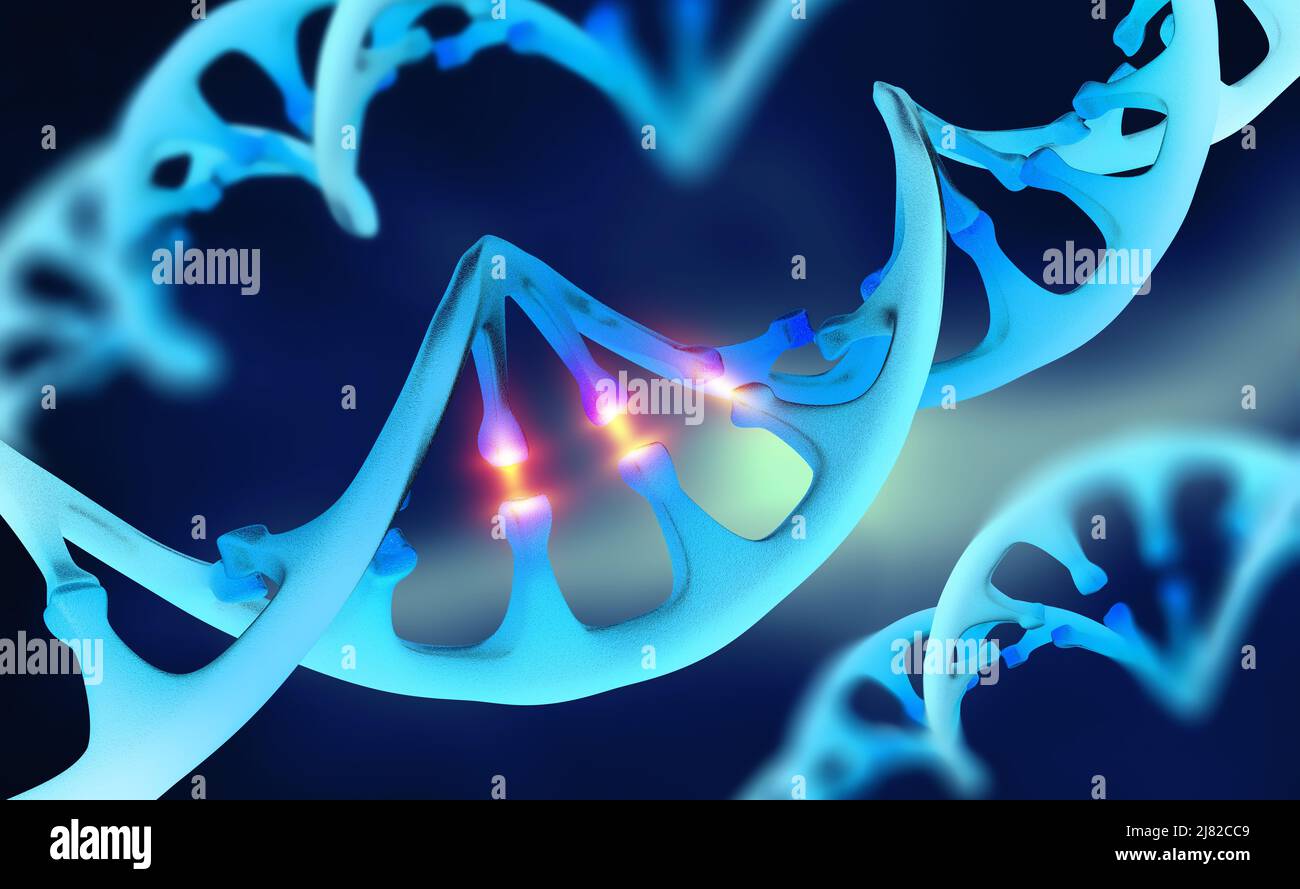 Cyber DNA, Untersuchung genetischer Ketten. 3D Darstellung zukünftiger Technologien. Kybernetik und Verbesserung des menschlichen Genoms Stockfoto Cyber DNA, Untersuchung genetischer Ketten. 3D Darstellung zukünftiger Technologien. Kybernetik und Verbesserung des menschlichen Genoms Stockfoto