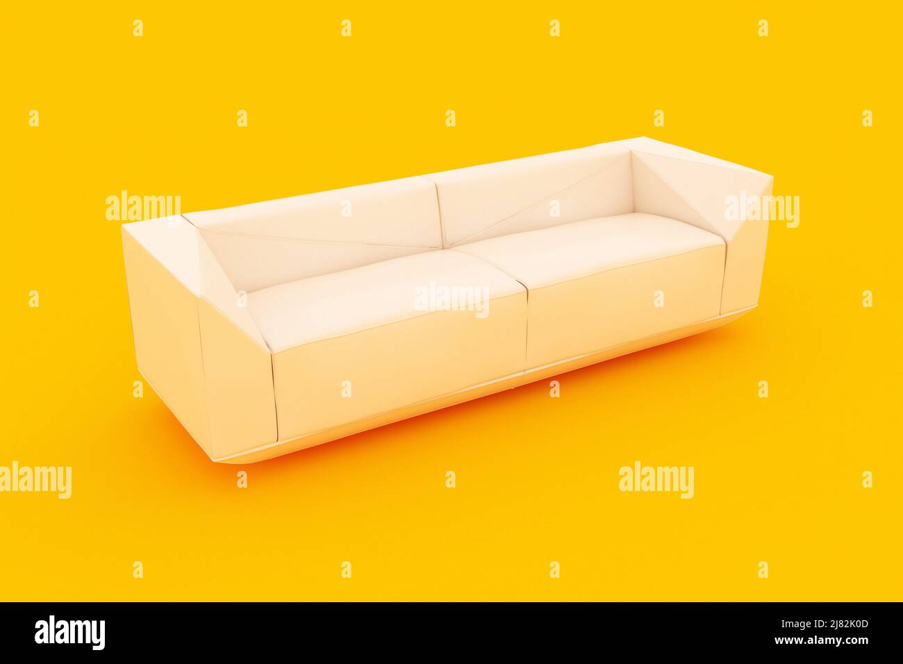 Gelber Hintergrund, einfarbige Innenszene mit hellem Sofa in der Szene. 3D Rendern. Stockfoto