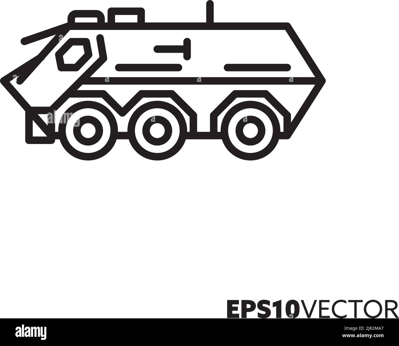 Symbol für die Vektorlinie des gepanzerten Personenträgers mit sechs Rädern. Umrisssymbol für militärische Fahrzeuge. Stock Vektor