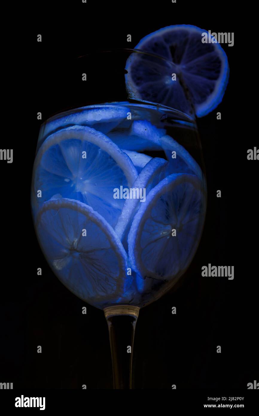 Leuchtendes lila blaues Neonglas mit Zitronenscheiben Cocktail auf schwarzem Hintergrund Konzept. Stockfoto