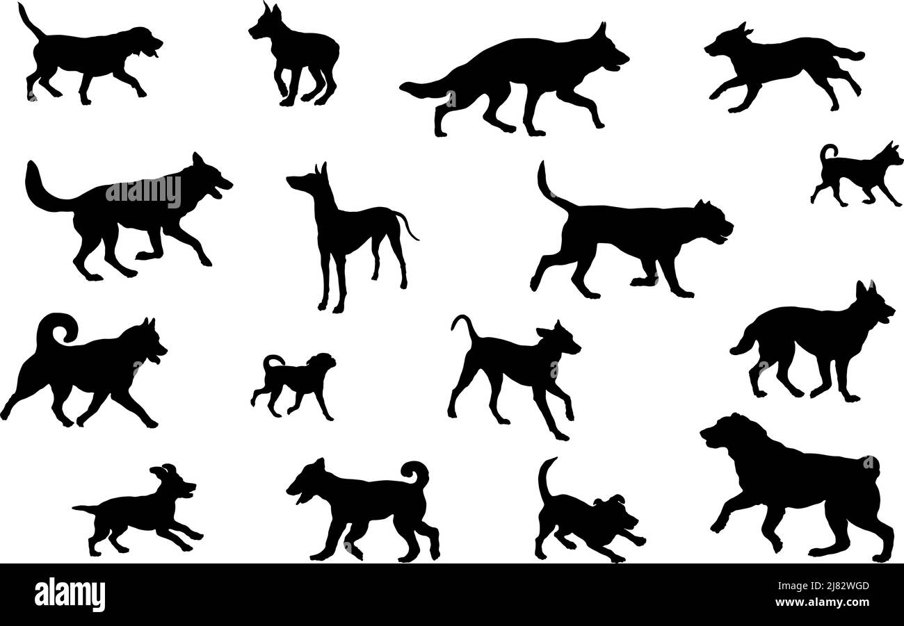 Gruppe von Hunden verschiedenen Rassen. Schwarze Hundehüsse. Laufen, Stehen, Gehen, springende Hunde. Isoliert auf weißem Hintergrund. Haustiere. Vektor. Stock Vektor