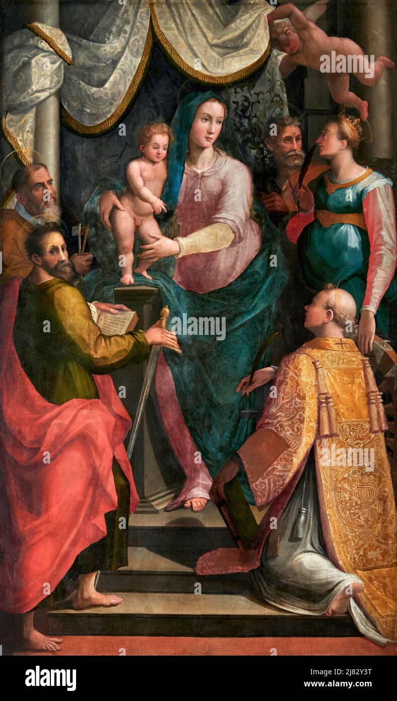 Madonna col Bambino con S. Pietro, S. Paolo, S. Stefano, S. Francesco e S. Caterina d’Alessandria - tempera su tavola - Francesco Rosselli - fine d Stockfoto