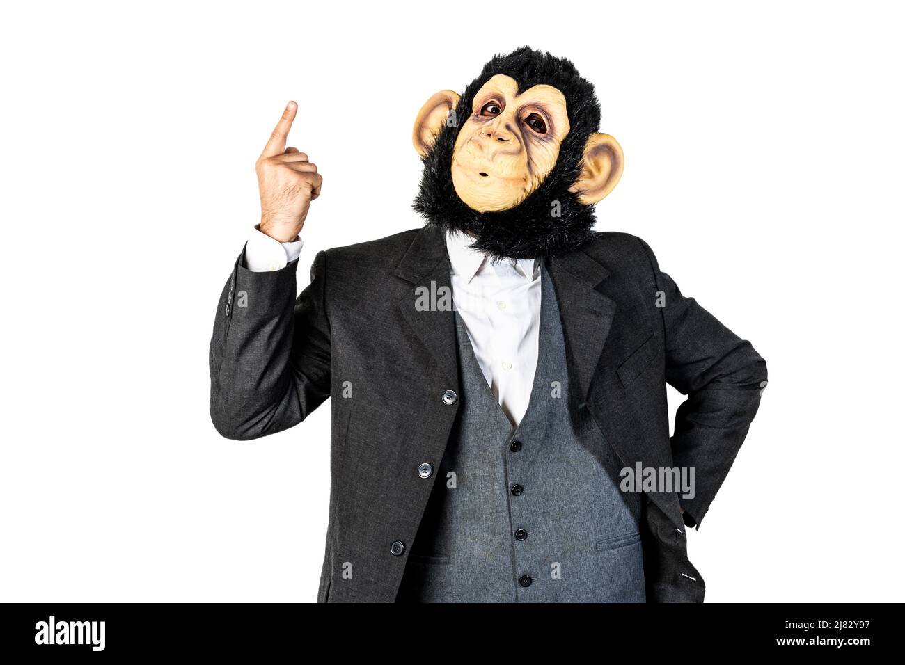 Affenmann zeigt nach oben mit seinem Zeigefinger nach oben Stockfoto