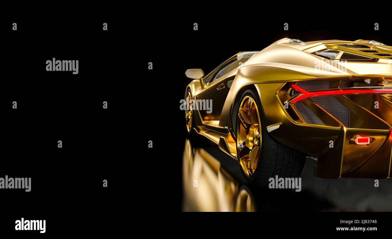 Gold Sportwagen auf schwarz. Rückansicht. 3D Rendern. Stockfoto