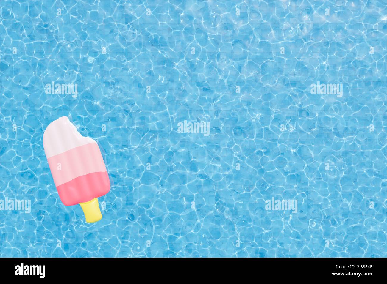 Von oben von 3D Rendering Hintergrund des gestreiften aufblasbaren Eis schwimmt im blauen Wasser des Outdoor-Swimmingpools am Sommertag Stockfoto