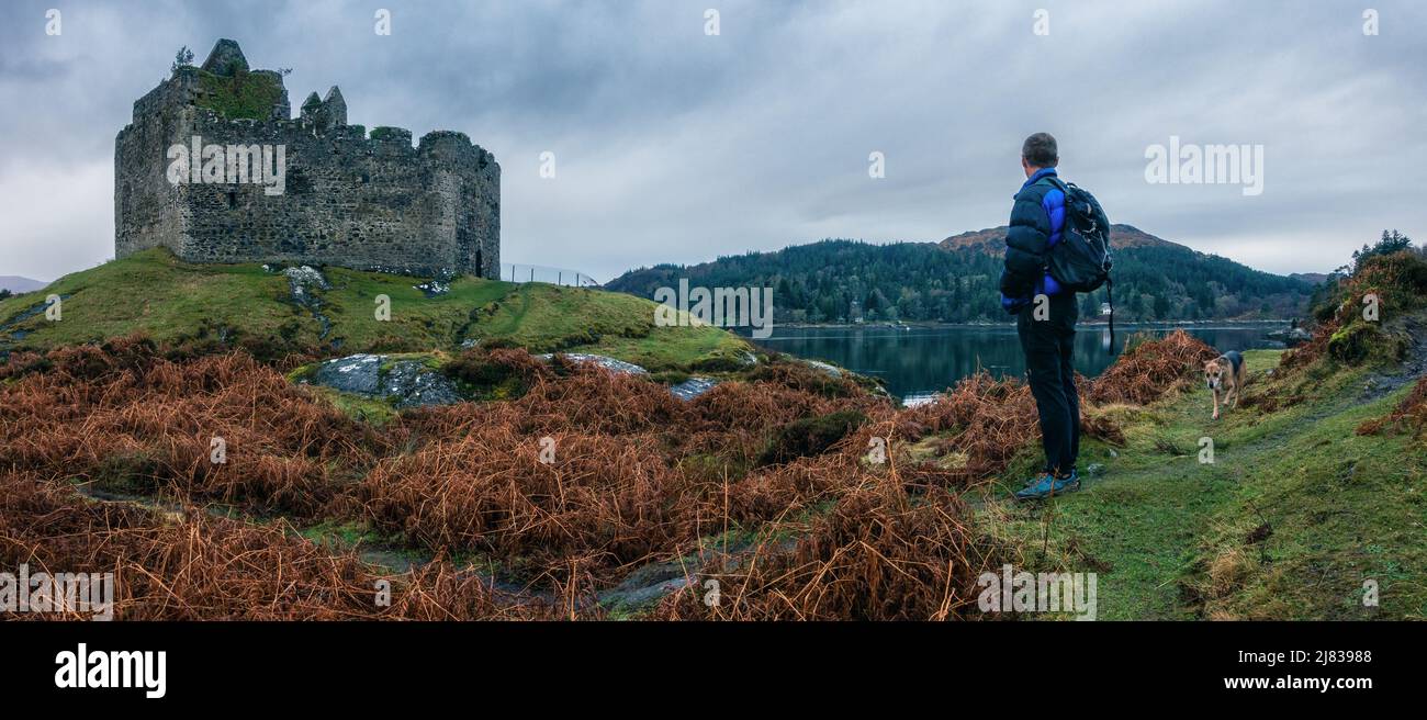 Britische Landschaften: Panoramablick auf die Person mit Hund, die im Winter das Schloss Tioram am Loch Moidart in Schottland anschaut. Stockfoto