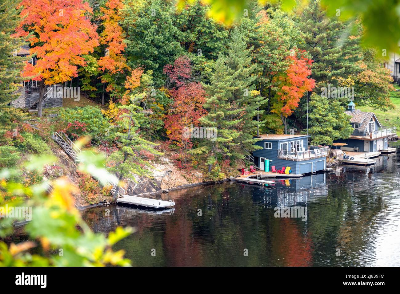 Bootshäuser und Anlegestege am felsigen Ufer eines Sees im Herbst. Herbstlaub. Fairy Lake, ON, Kanada. Stockfoto