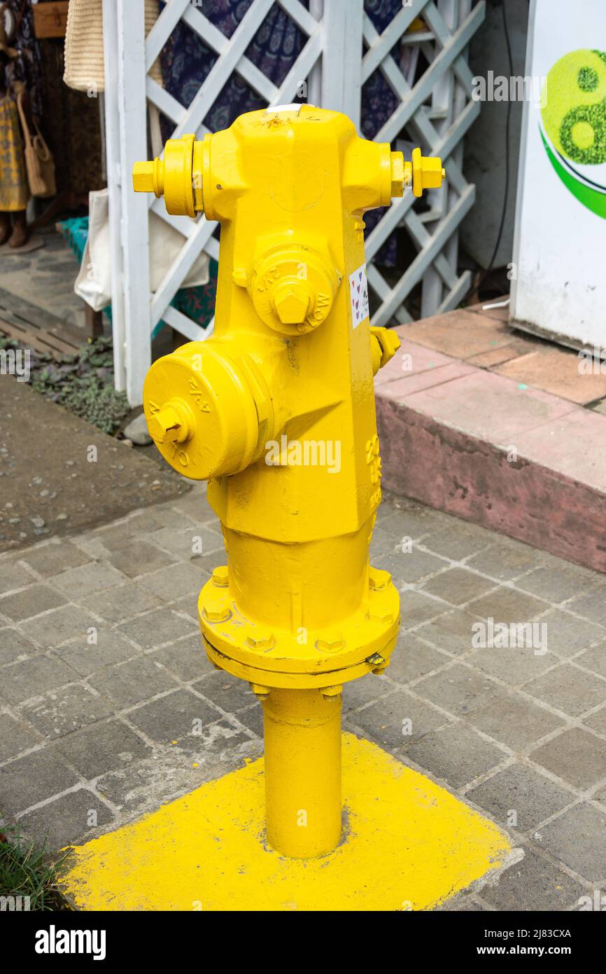 Gelber Hydrant auf Gehsteig, C 256, Puerto Viejo de Talamanca, Provinz Limón, Republik Costa Rica Stockfoto