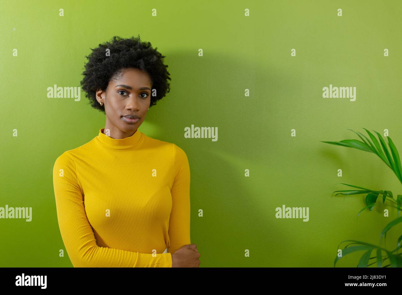 Porträt einer afroamerikanischen Beirattin, die mit ernstem Ausdruck gegen die grüne Wand steht Stockfoto
