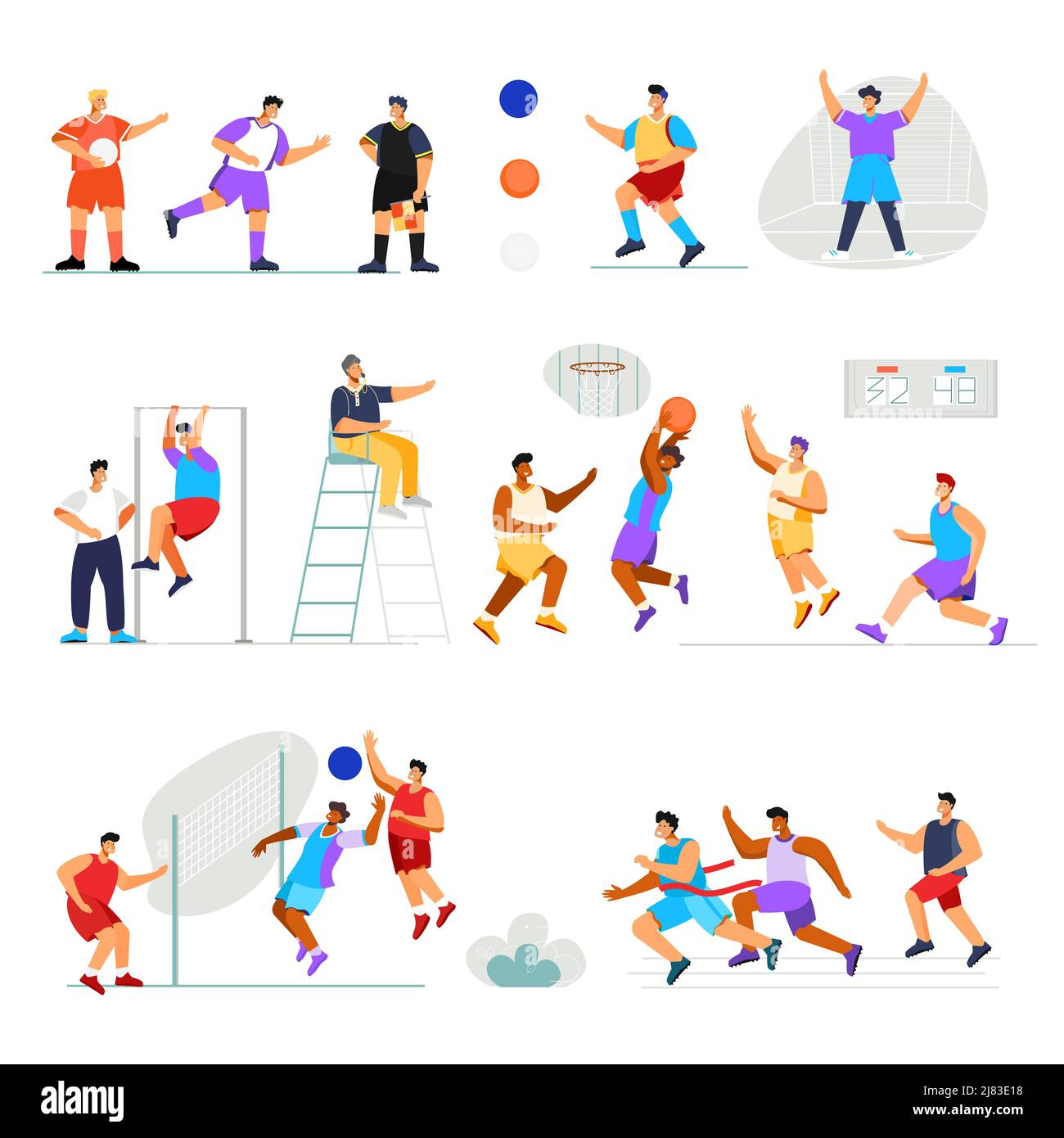 Sportstadion mit flachen menschlichen Figuren spielen Athleten mit Training und Orte für Schiedsrichter Vektor-Illustration Stock Vektor