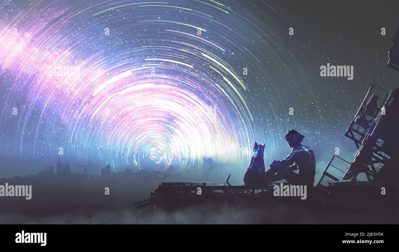 Mann und sein Haustier in futuristischem Anzug, der den Sternenpfad am Himmel, den digitalen Kunststil, die Illustration anschaut Stockfoto