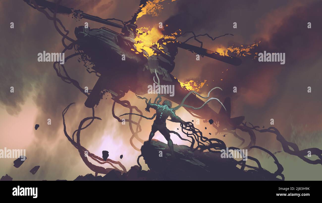 mutan die Kraft seines starken Körpers zu nutzen, um den Hubschrauber zu zerstören, digitale Kunst Stil, Illustration Malerei Stockfoto