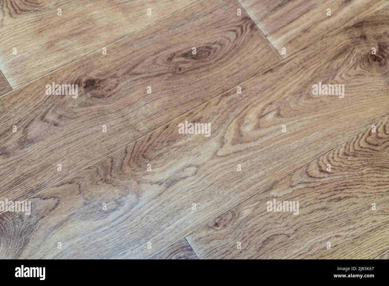 Blick von oben auf Holzlaminat auf dem Boden. Stockfoto