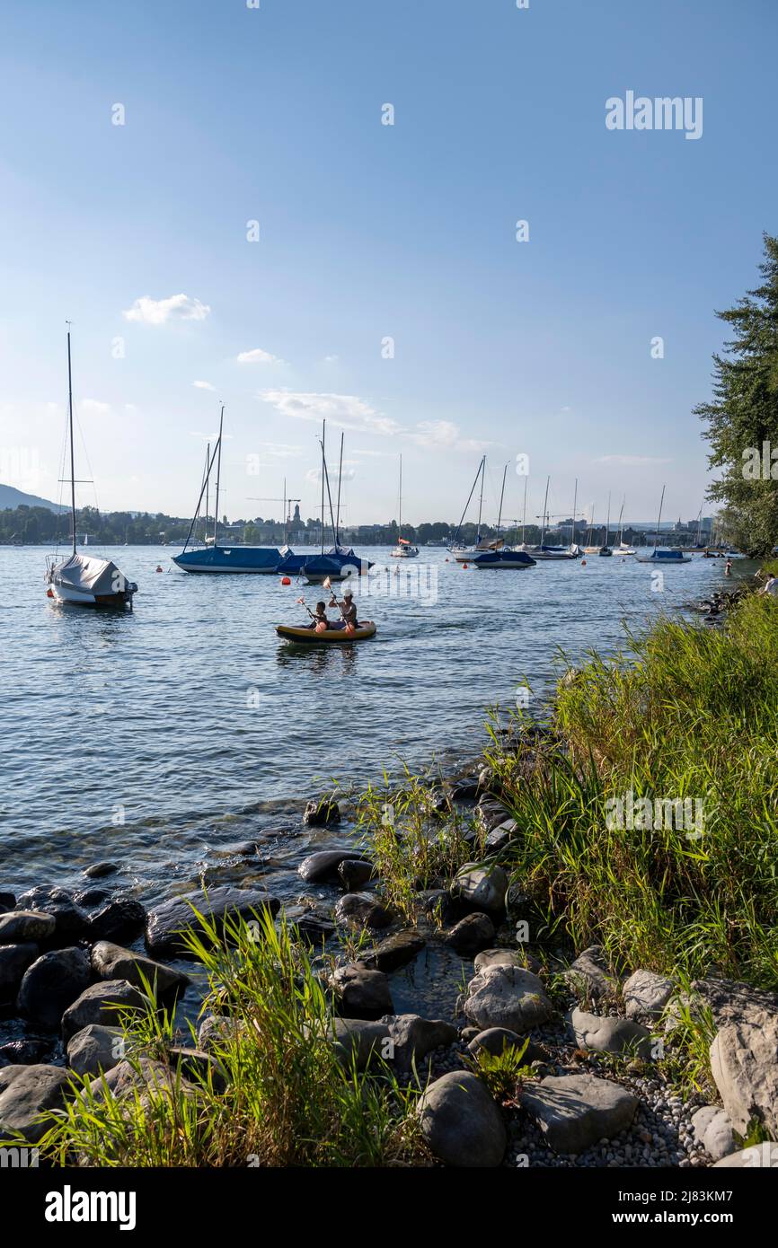 Zürichsee, Boote und Kajakfahrer, Zürich, Schweiz Stockfoto