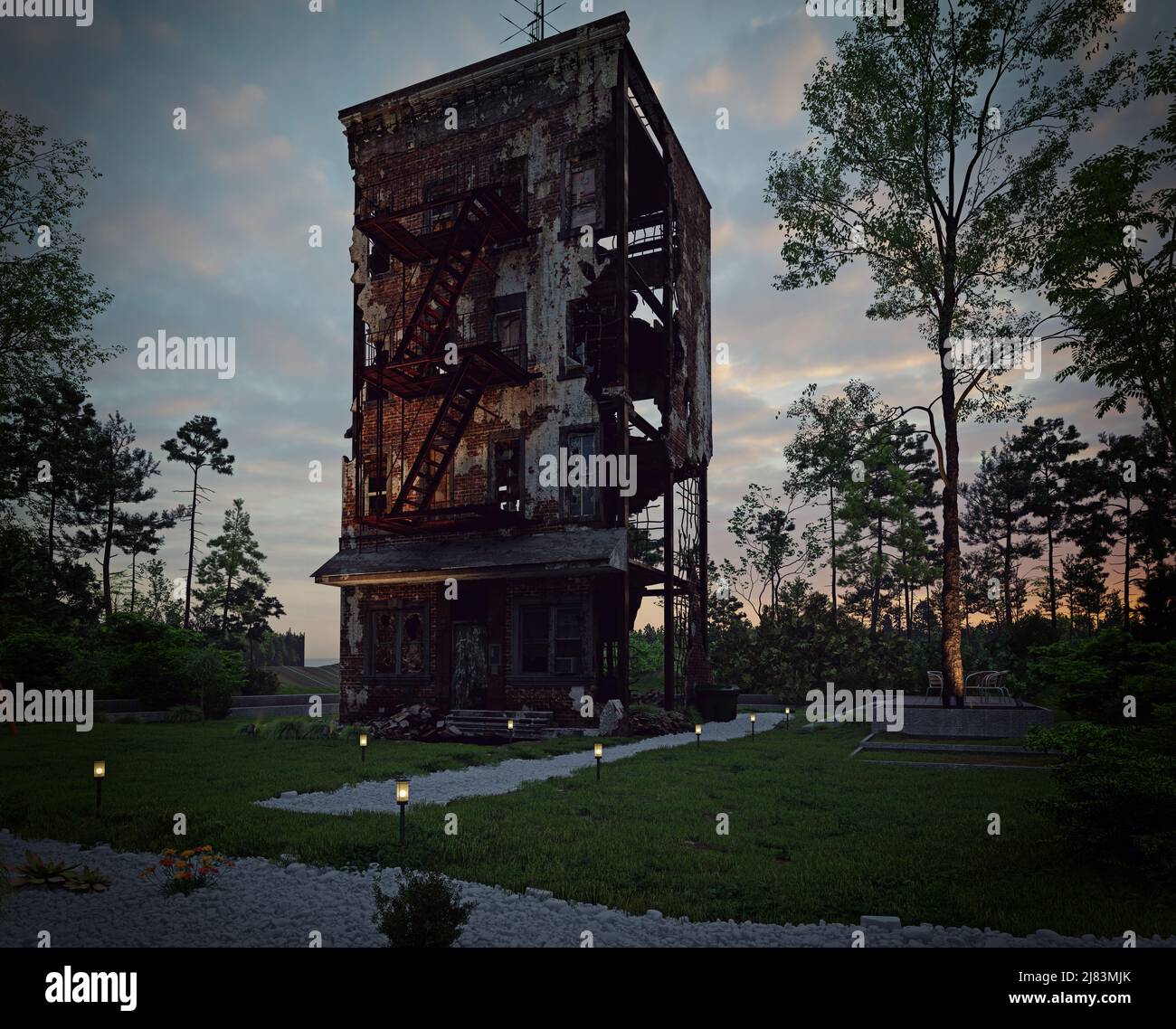 Der gruselige Hausrahmen. 3D Rendering kreative Illustration Stockfoto