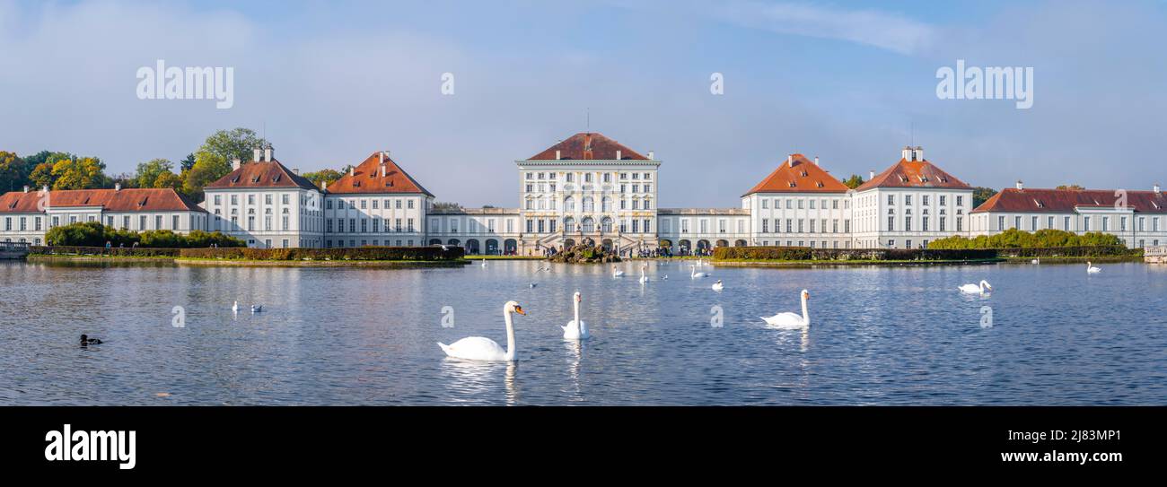 Panorama, Schwäne schwimmen vor Schloss Nymphenburg, Schlossgarten, München, Bayern, Deutschland Stockfoto