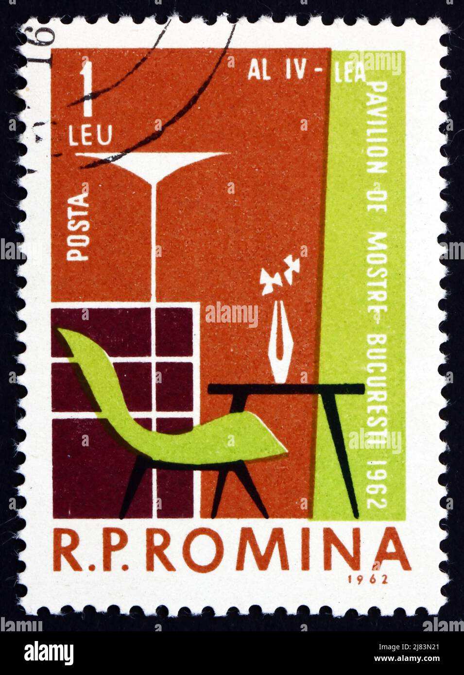 RUMÄNIEN - UM 1962: Eine in Rumänien gedruckte Briefmarke zeigt Möbel, Industriedesign, 4. Sample Fair, Bukarest, um 1962 Stockfoto