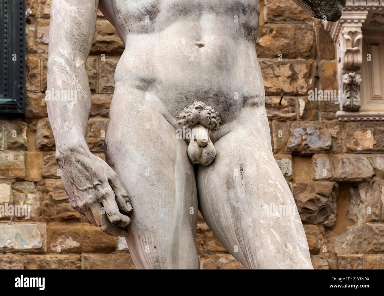 Intime Teile von Michelangelos David-Statue auf der Piazza della Signoria, Florenz, Italien Stockfoto