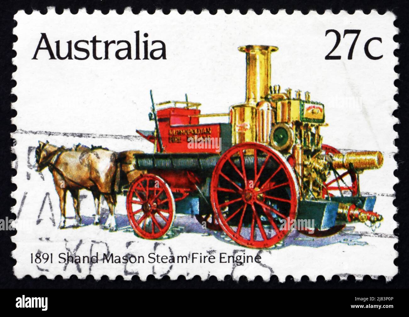 AUSTRALIEN - UM 1983: Eine in Australien gedruckte Marke zeigt Shand Mason Steam, 1891, Historic Fire Engine, um 1983 Stockfoto
