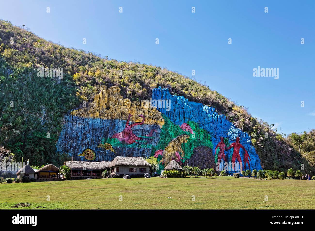Mural de la Prehistoria, moderne Felsmalerei nach einem prähistorischen Modell, gemalt 1961 von dem mexikanischen Künstler Leovigildo Gonzalez Morillo Stockfoto