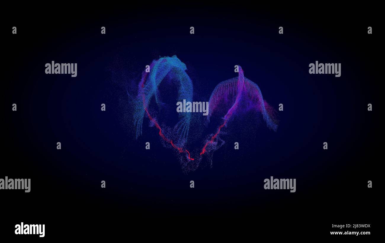 Zwei digitale Modelle von rosa und blauen magischen Vögeln des Glücks fliegen entlang der Flugbahn des Herzens. Phönix Vogel, Adler Silhouette. Hochzeitssymbole, l Stockfoto