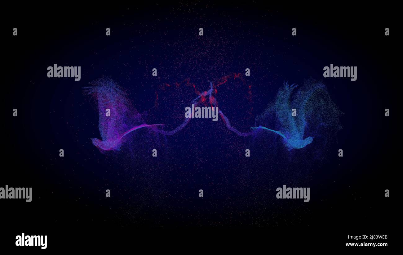 Zwei digitale Modelle von rosa und blauen magischen Vögeln des Glücks fliegen entlang der Flugbahn des Herzens. Phönix Vogel, Adler Silhouette. Hochzeitssymbole, l Stockfoto