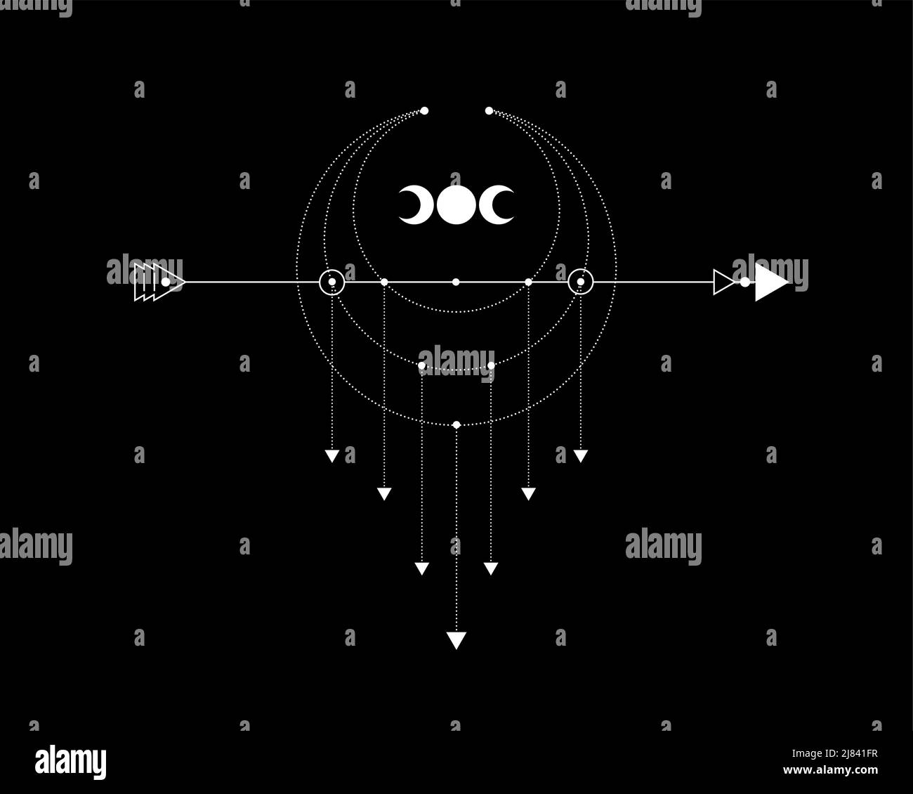 Heilige Geometrie, mystischer Pfeil und Halbmond, gepunktete Linien im Boho-Stil, Wiccan-Ikone, Alchemie esoterische mystische magische himmlische Talisman. Geist Stock Vektor