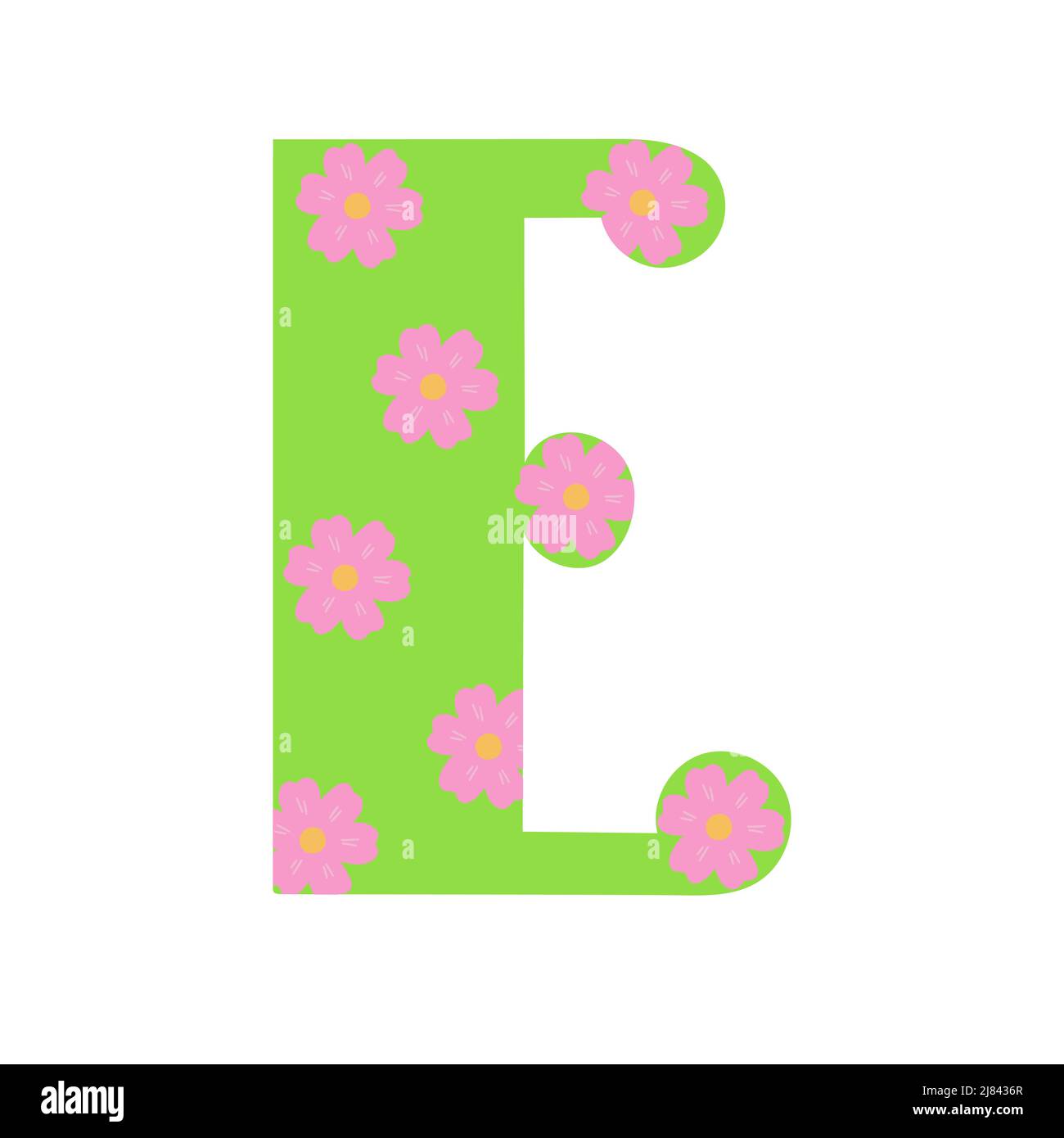 Capital leuchtend grün mit Frühlingsblumen von Hand gezeichneten Buchstaben E des englischen Alphabets einfache Cartoon-Stil Vektor-Illustration, kalligraphische abc, nette lustige Handschrift, Doodle und Schriftzug dekoriert Stock Vektor