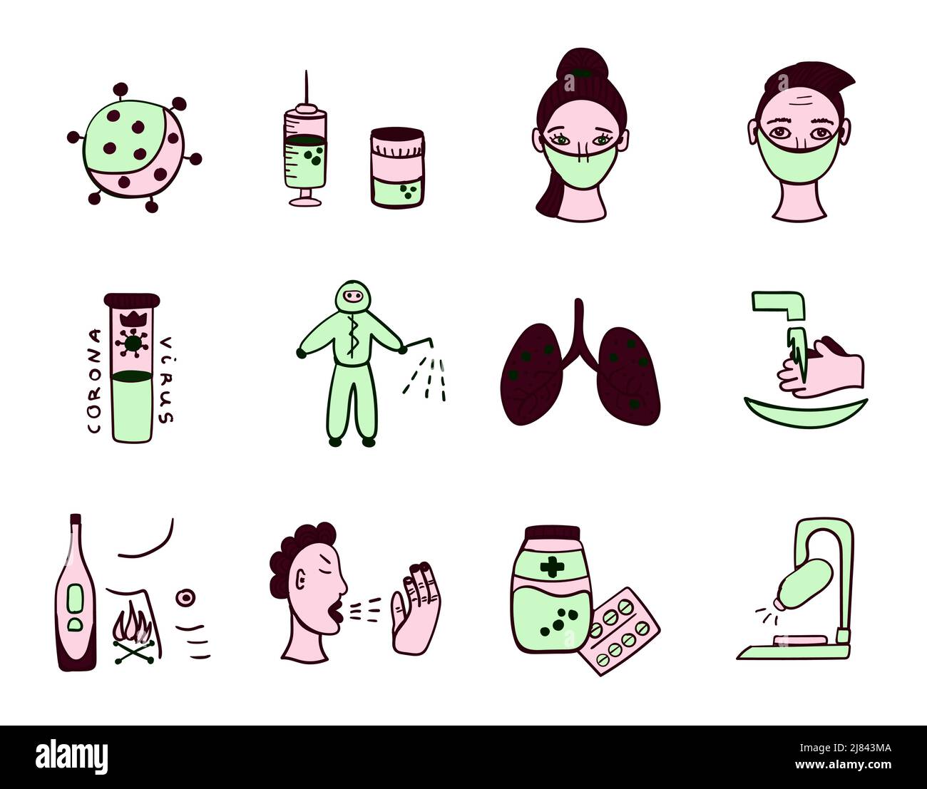 Covid-19, Viren, Vektorsymbole in Grün-/Rosa-Tönen Stock Vektor