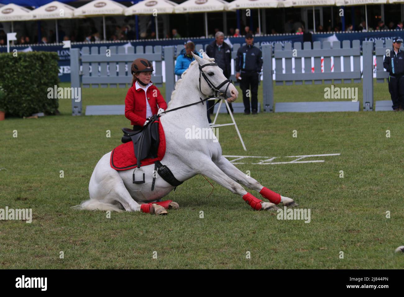 Beim Springderby wird auch eine Pferdedressur angezeigt. Stockfoto